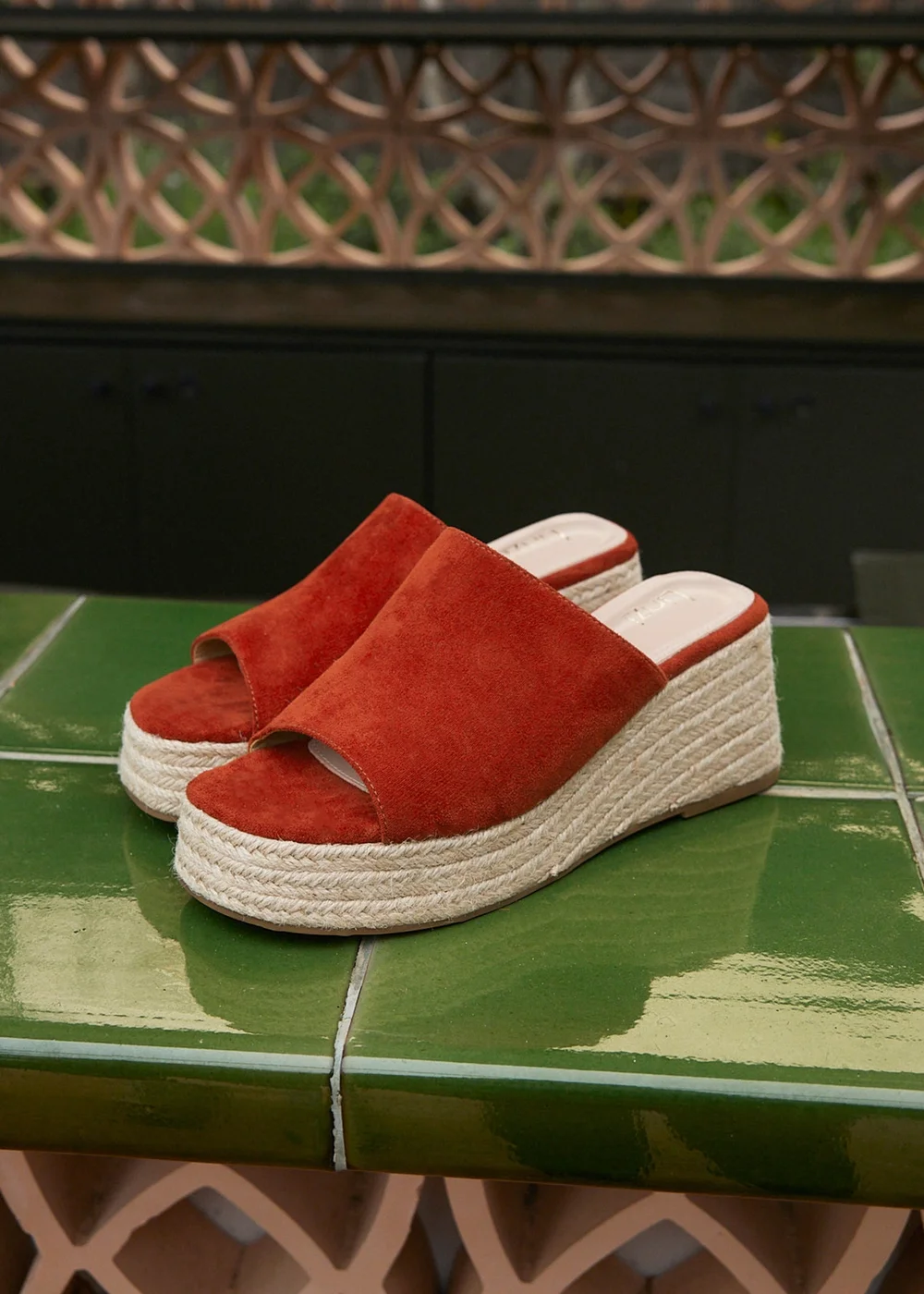 Linzi Espresso Rust Faux Suede Espadrille Mule Wedges - Size 7 Image 1