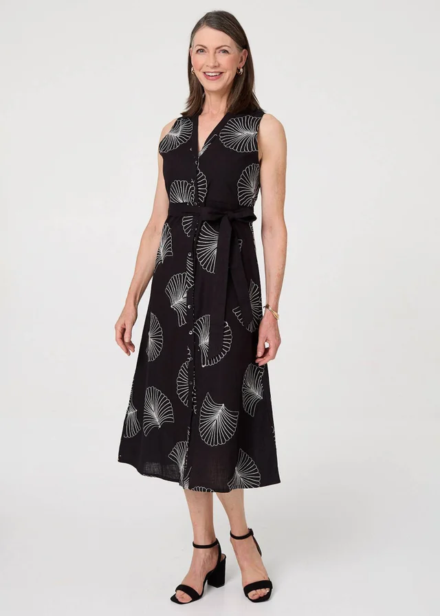 Izabel London Black Embroidered Sleeveless Midi Shirt Dress