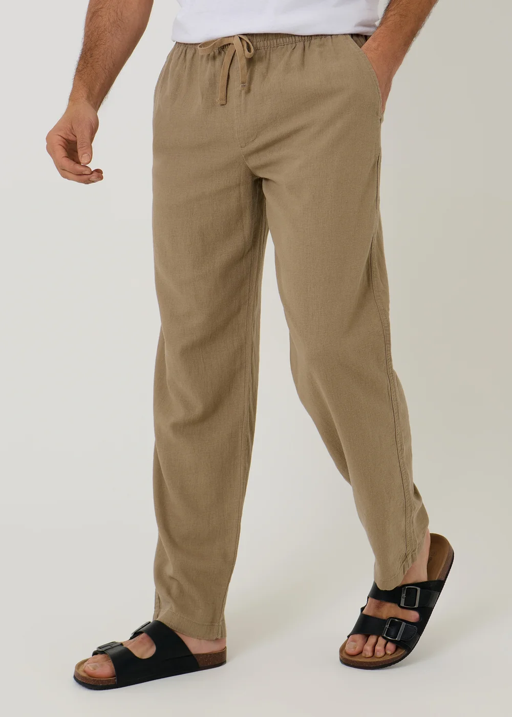 Threadbare Taupe Linen Blend Drawcord Trousers - M Image 1