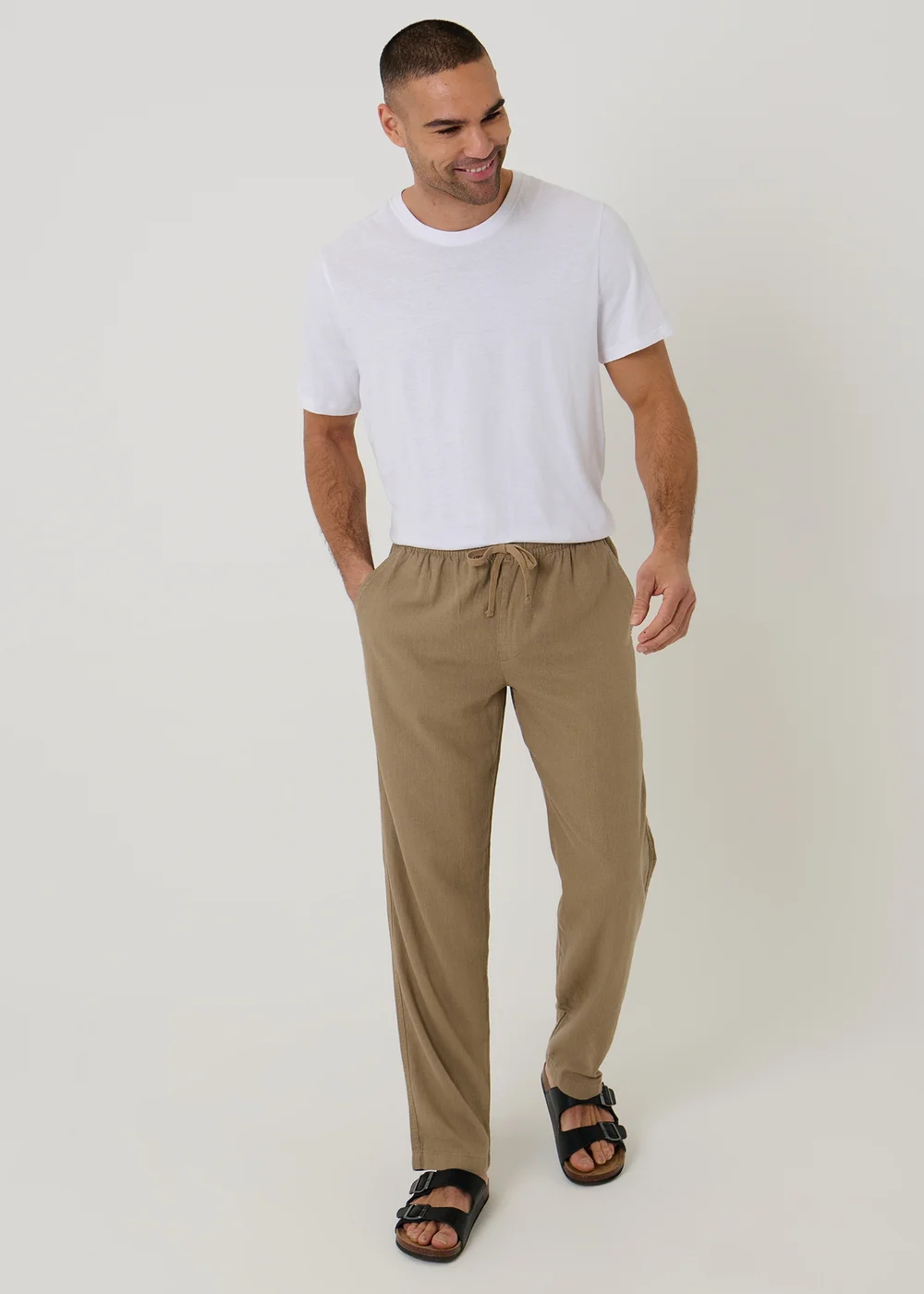 Threadbare Taupe Linen Blend Drawcord Trousers - M Image 4