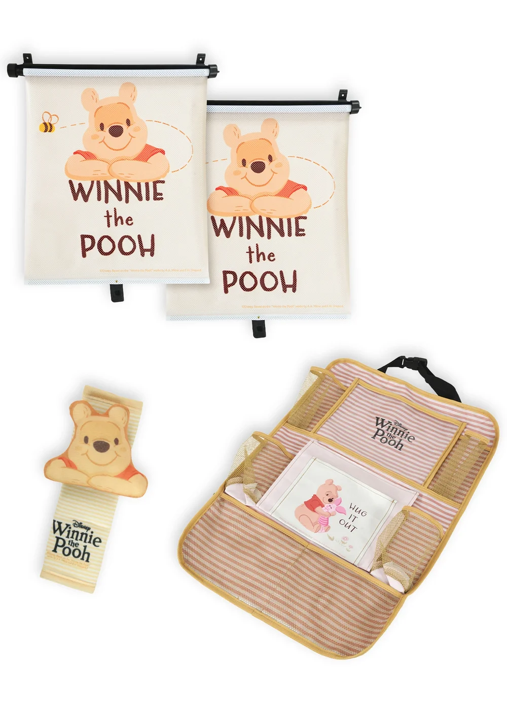 Winnie The Pooh Back Seat Essentials Roller Blind Organiser & Seat Belt Cover - One Size Image 1