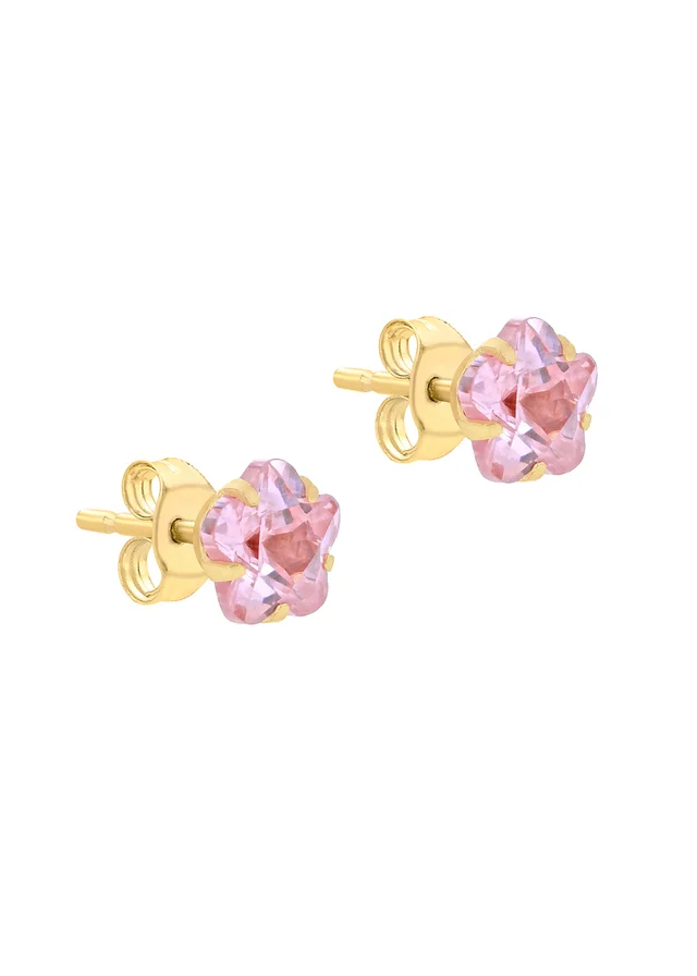 Golden Moments 9ct Yellow Gold Pink CZ Flower Stud Earrings