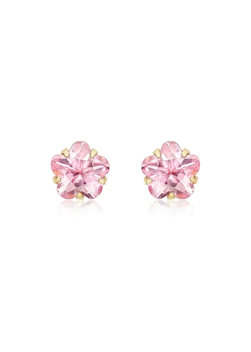 Golden Moments 9ct Yellow Gold Pink CZ Flower Stud Earrings - One Size Image 1