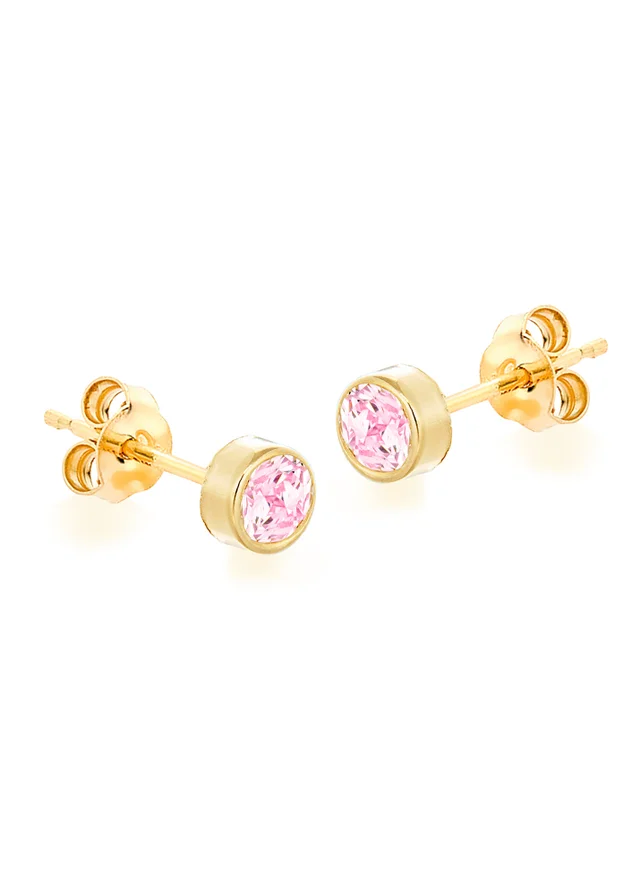 Golden Moments 9ct Yellow Gold Round Pink CZ Stud Earrings