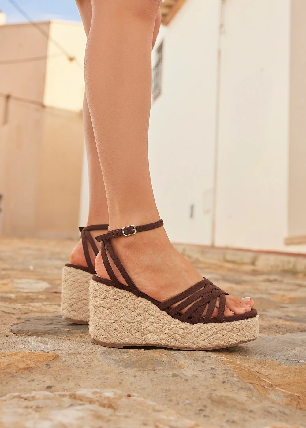 Linzi Moment Brown Faux Suede Wedge Sandals - Size 5 Image 1