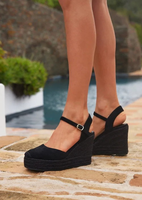 Linzi True Black Faux Suede Espadrille Wedges - Size 6 Image 1