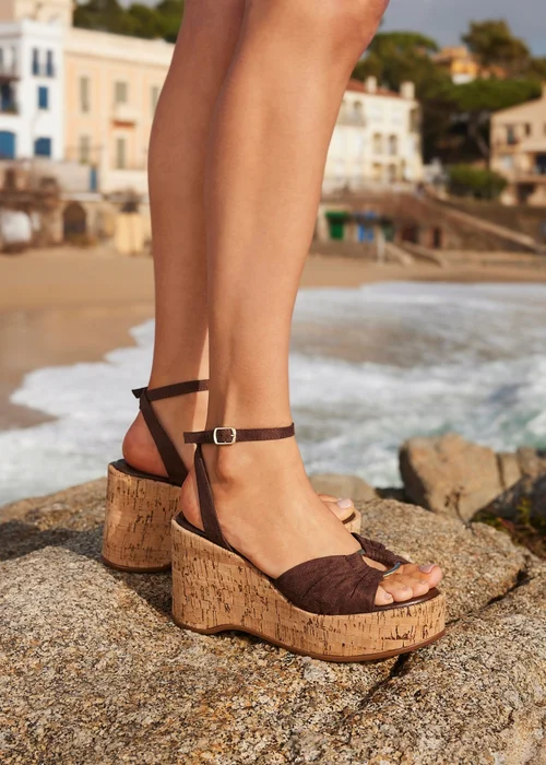 Linzi Saxon Brown Suede Wedge Sandals - 4 Image 1