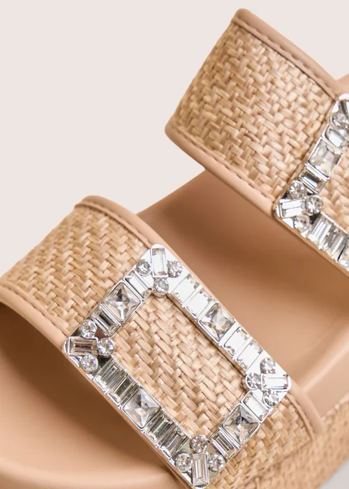 Public Desire Bettie Natural Rattan Diamante Buckle Detail Flatform Slider Sandals - 8 Image 4