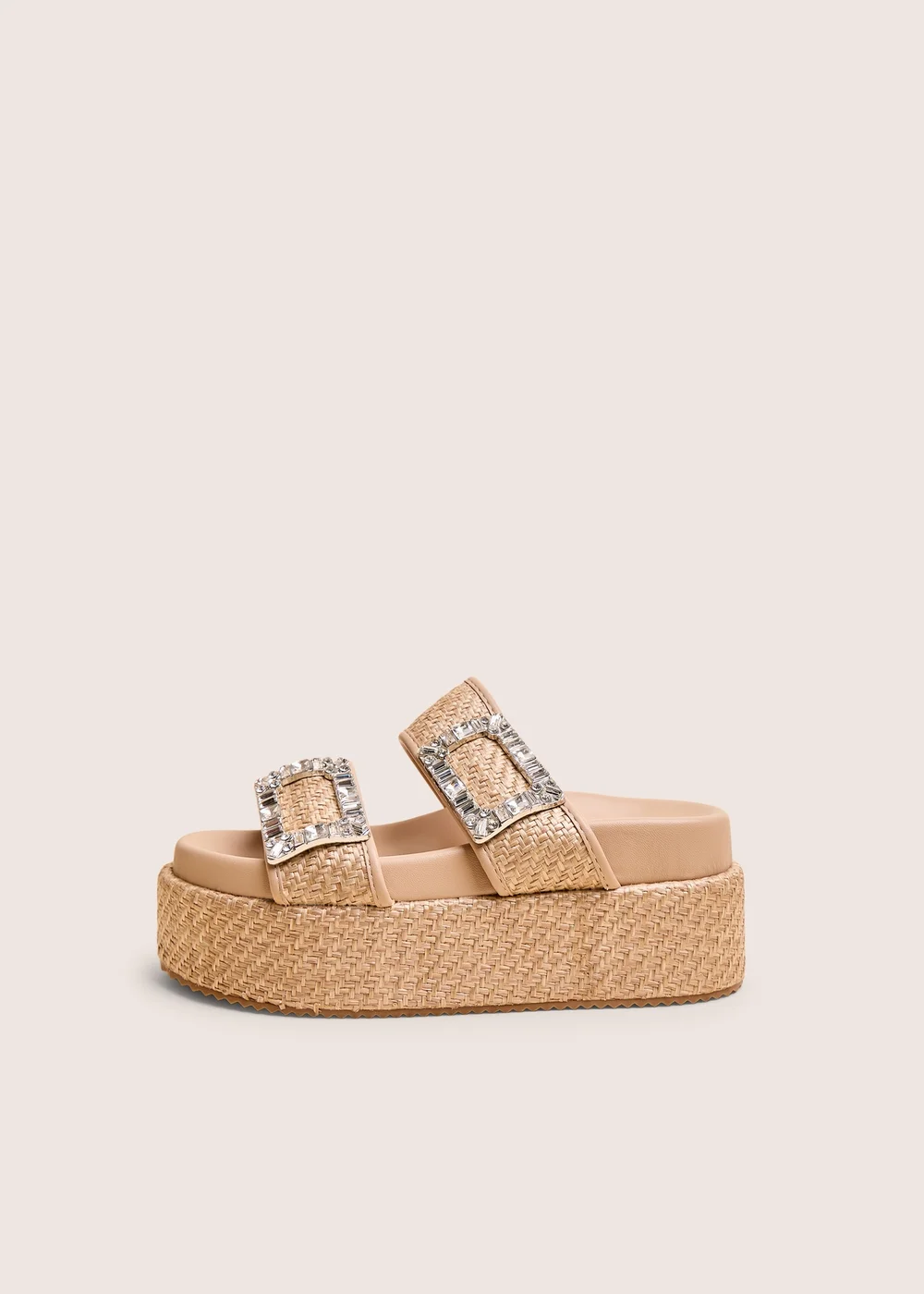 Public Desire Bettie Natural Rattan Diamante Buckle Detail Flatform Slider Sandals - 8 Image 1
