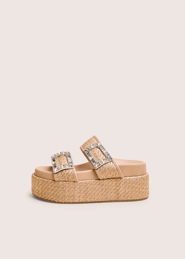 Public Desire Bettie Natural Rattan Diamante Buckle Detail Flatform Slider Sandals