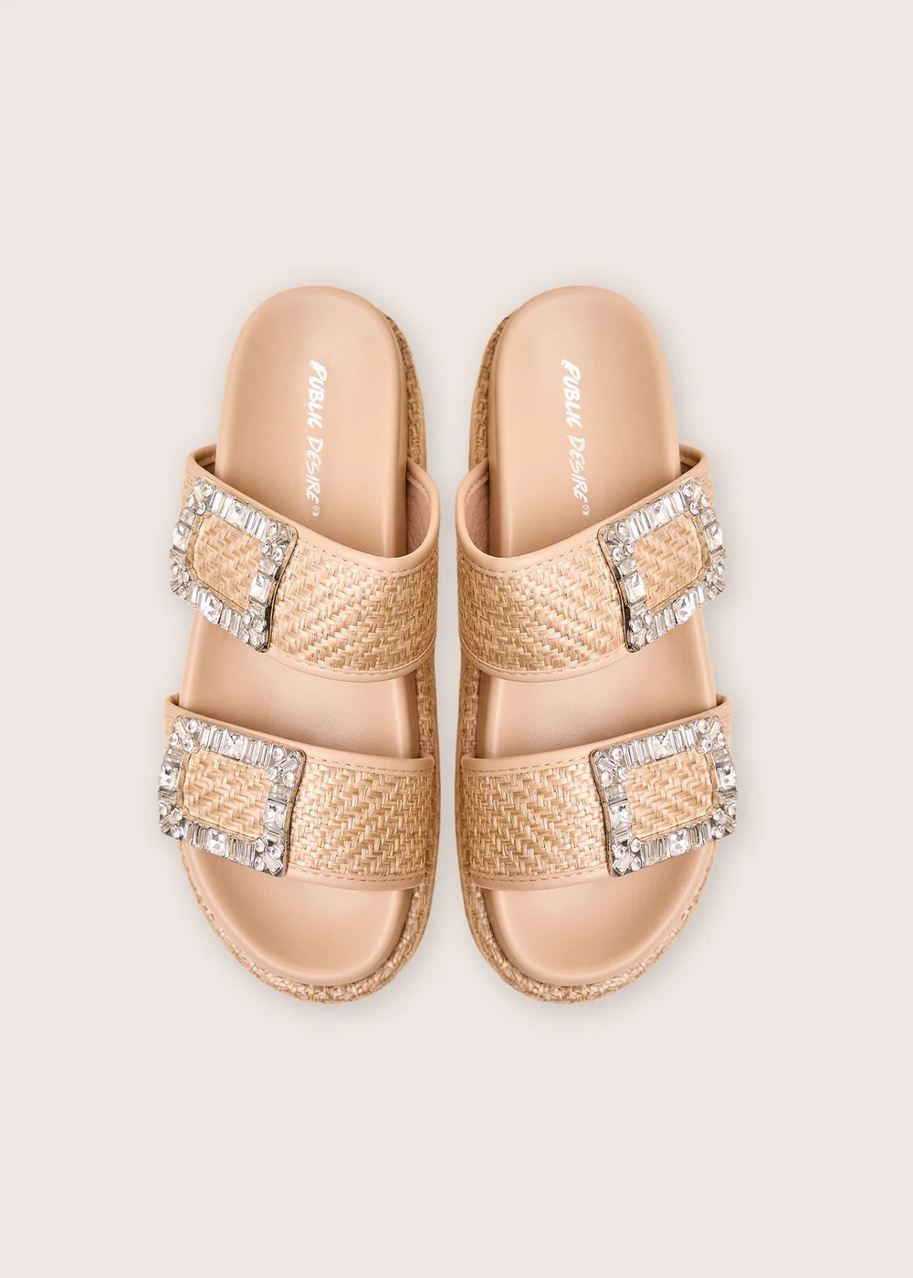 Public Desire Bettie Natural Rattan Diamante Buckle Detail Flatform Slider Sandals - 8 Image 2