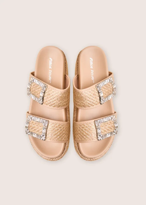 Public Desire Bettie Natural Rattan Diamante Buckle Detail Flatform Slider Sandals - 8 Image 2