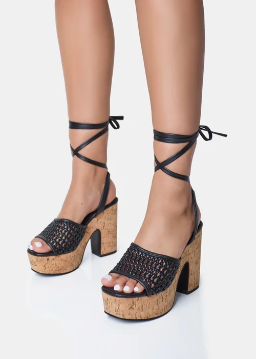 Public Desire Jos Black Netted Lace Up Cork Platform Sandals - Size 5 Image 4