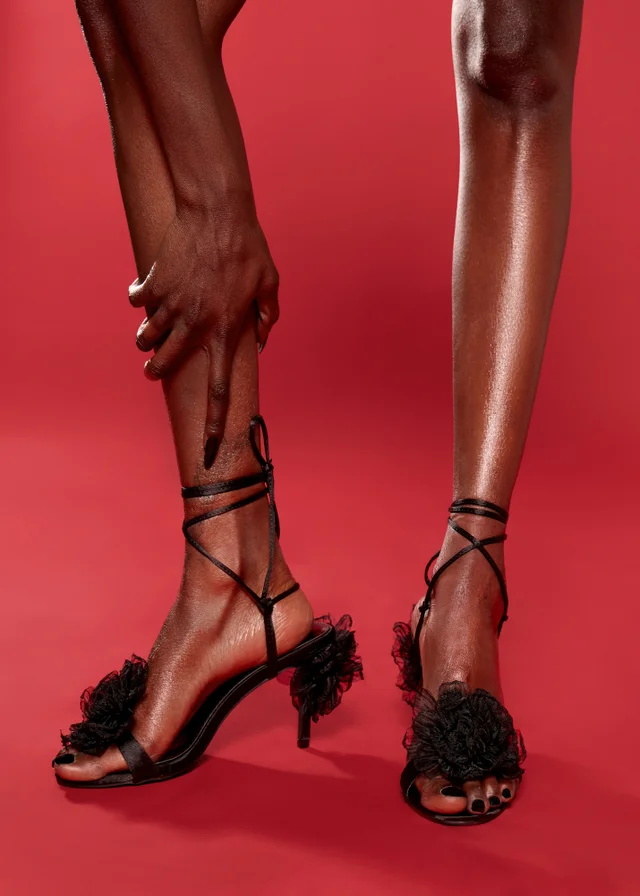 Public Desire Classy Black Ruffle Flower Detail Mid Heels