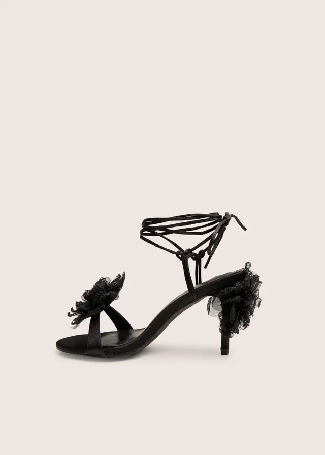 Public Desire Classy Black Ruffle Flower Detail Mid Heels