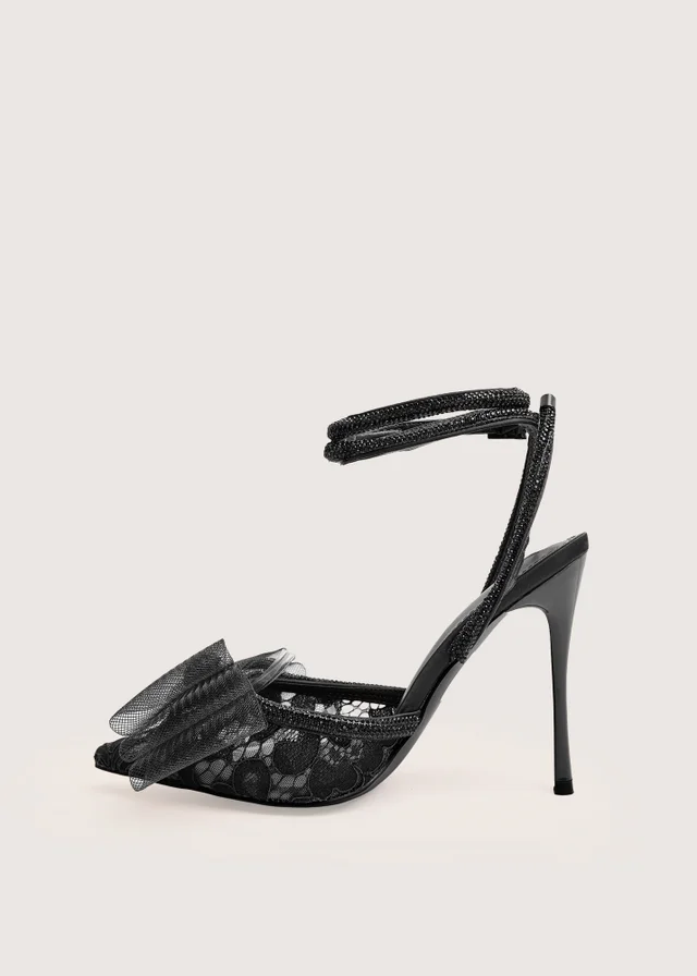 Public Desire Brat Black Diamante Strap Wrap Around Pointed Stiletto Heels