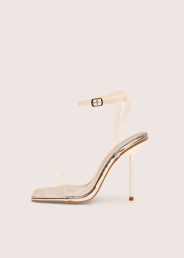Public Desire Rya Silver Mirror Square Toe Strappy Barely There Stiletto High Heels