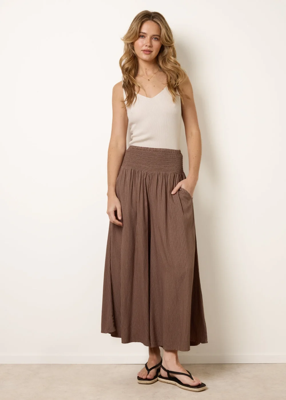 Blue Vanilla Beige Wide Leg Shirred Waist Wavy Trousers - S/M Image 1