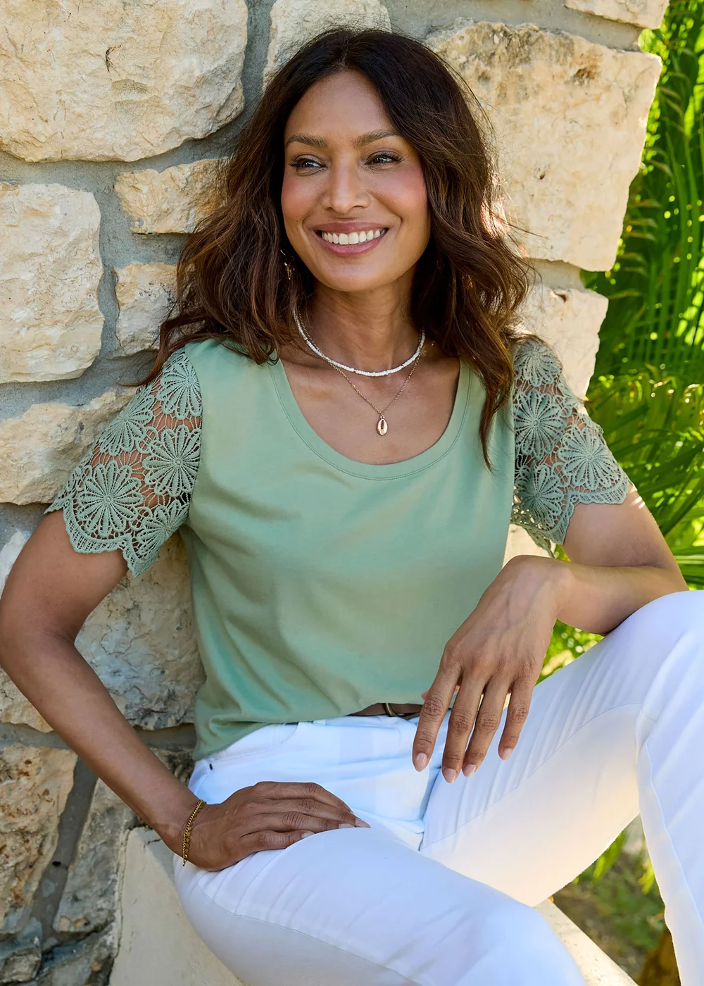 Cotton Traders Dusky Mint Lace Sleeve T-Shirt - 8 Image 1