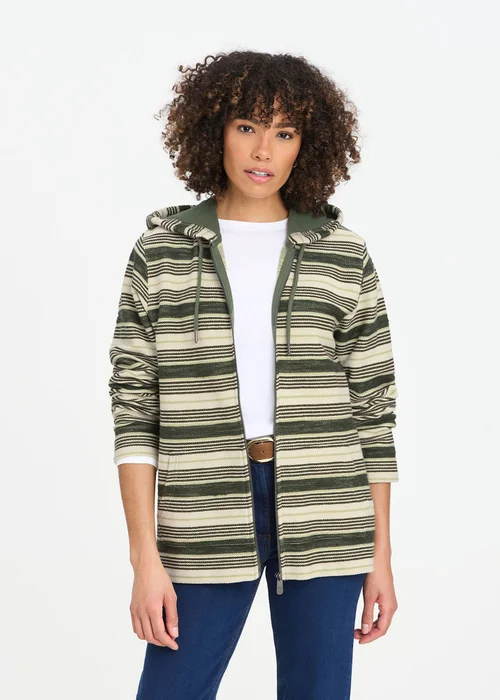 Cotton Traders Green Dusk Stripe Hooded Zip Through Coastal Top - M Image 1