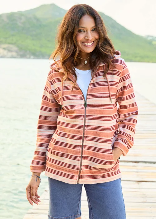 Cotton Traders Apricot Stripe Hooded Zip Through Coastal Top - M Image 1