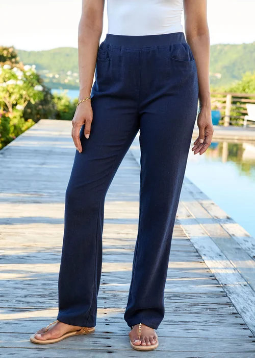 Cotton Traders Navy Premium Pull On Linen Blend Relaxed Fit Trousers - 22/L27 Image 1