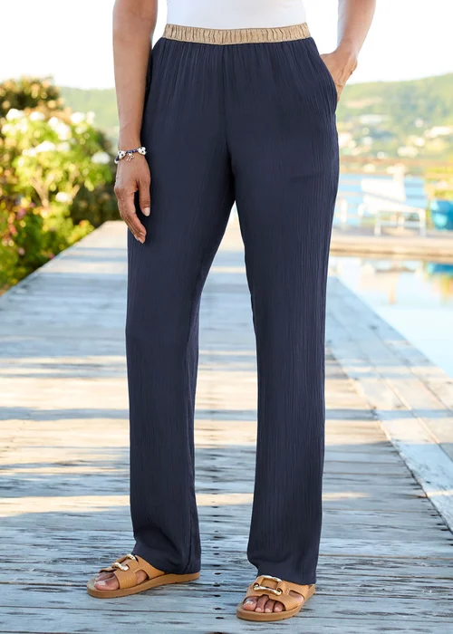 Cotton Traders Navy Contrast Waist Pull On Trousers - 14/L27 Image 1