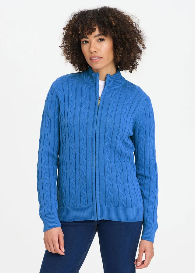 Cotton Traders French Blue Cotton Cable Zip Through Cardigan