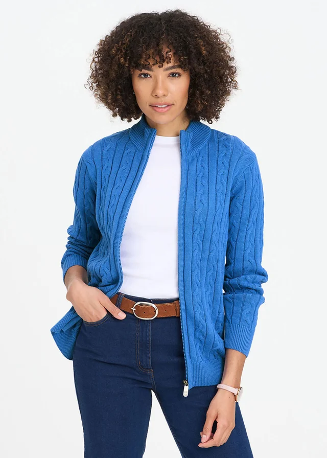 Cotton Traders French Blue Cotton Cable Zip Through Cardigan