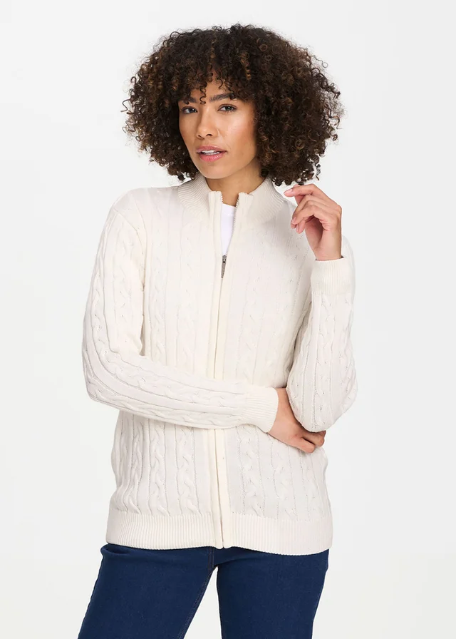 Cotton Traders Ivory Cotton Cable Zip Through Cardigan