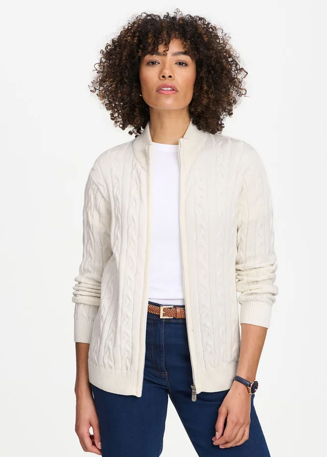 Cotton Traders Ivory Cotton Cable Zip Through Cardigan