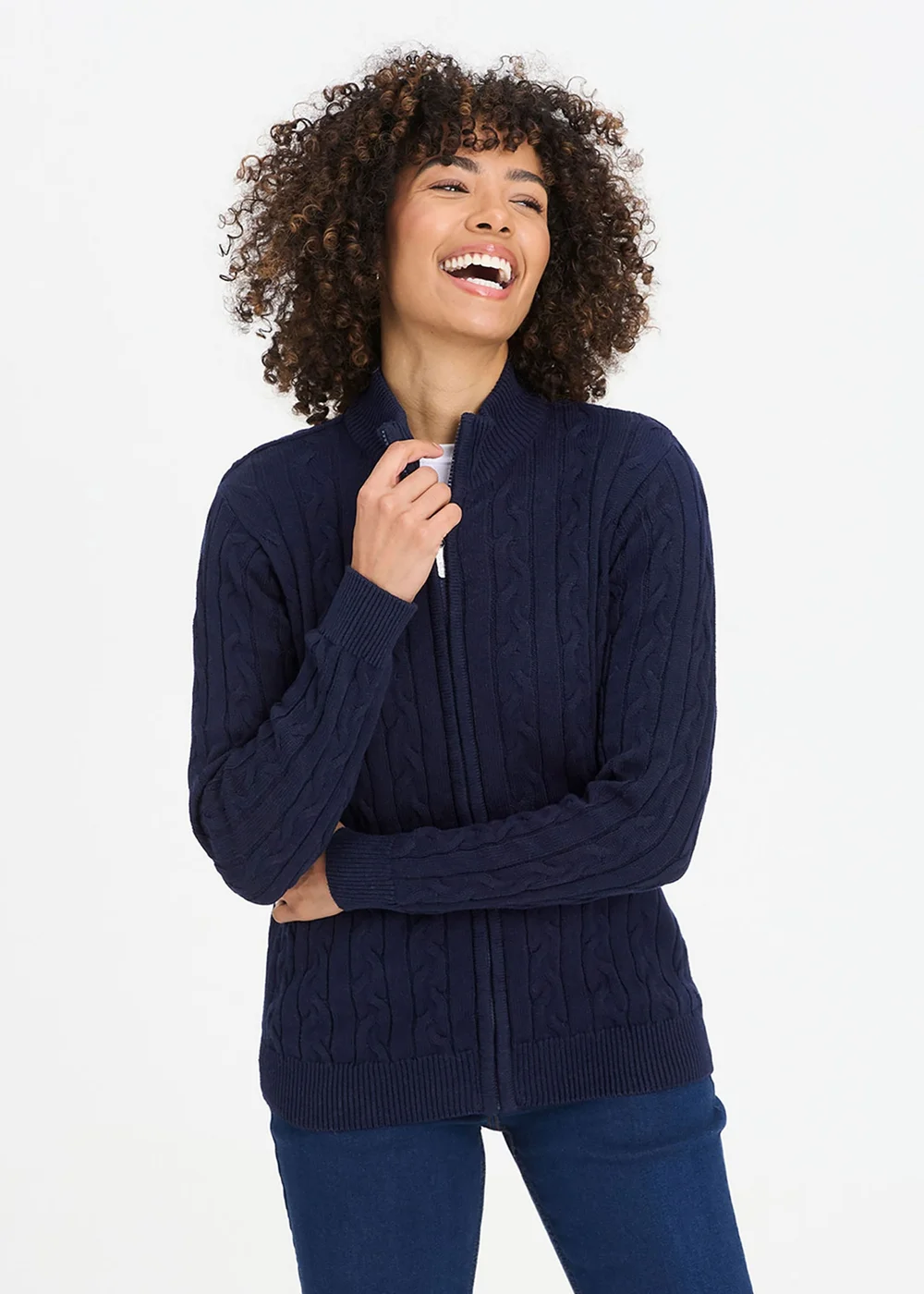Cotton Traders Ink Cotton Cable Zip Through Cardigan - L Image 1