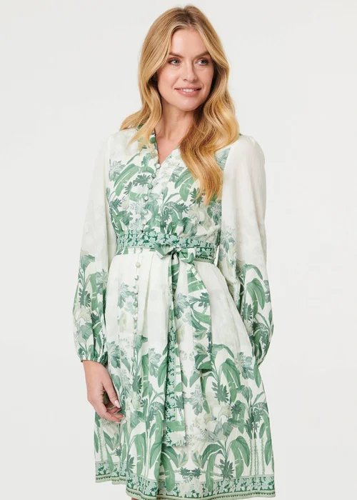 Izabel London Multi Green Leaf Print Long Sleeve Tie Short Dress - 16 Image 2