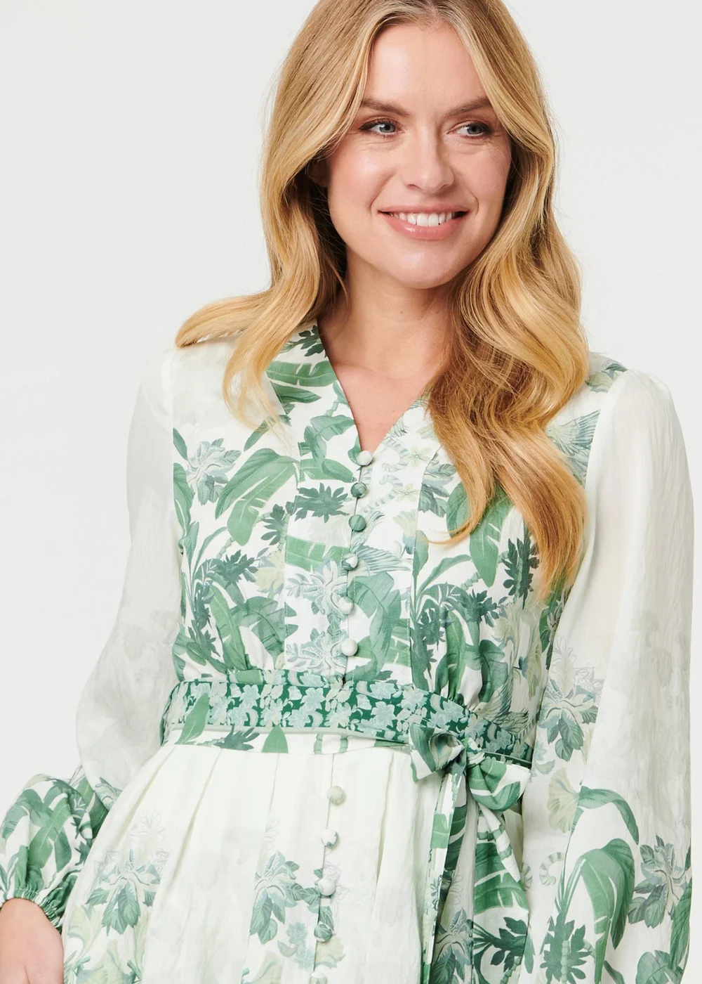 Izabel London Multi Green Leaf Print Long Sleeve Tie Short Dress - 16 Image 4