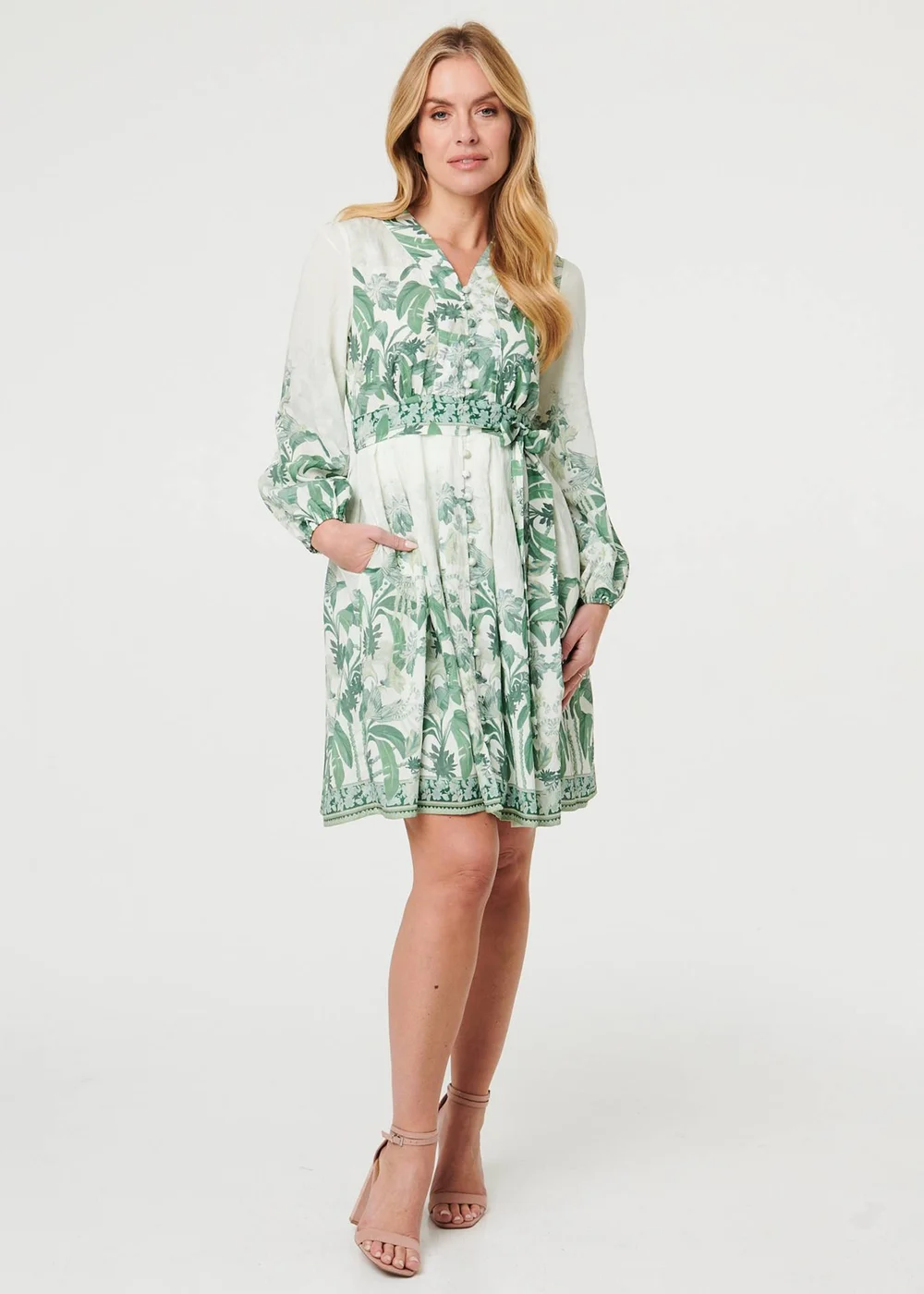 Izabel London Multi Green Leaf Print Long Sleeve Tie Short Dress - 16 Image 1