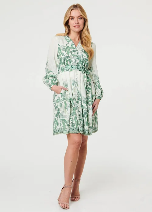 Izabel London Multi Green Leaf Print Long Sleeve Tie Short Dress - 16 Image 1