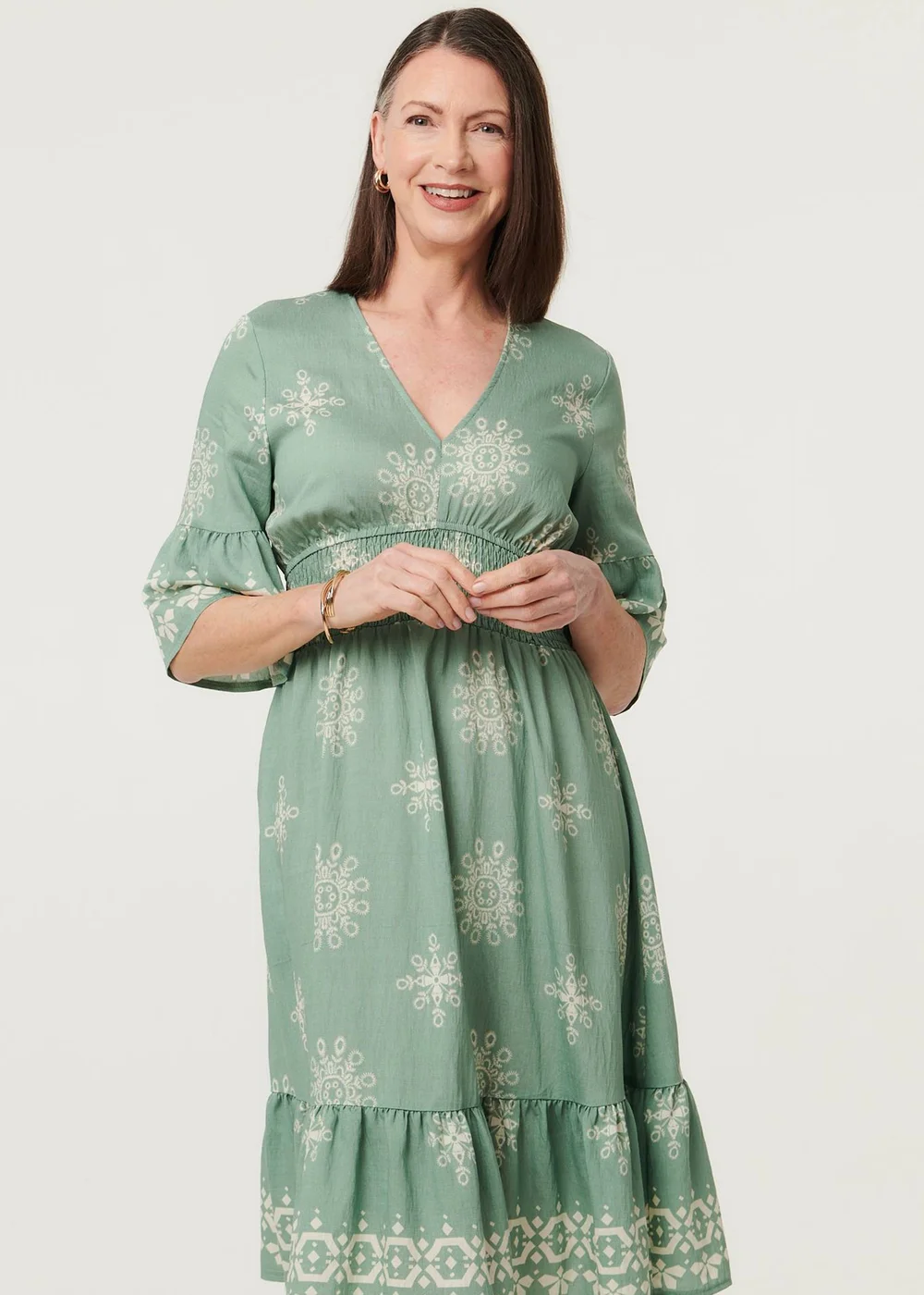 Izabel London Green Border Print Knee Length Dress - 12 Image 4