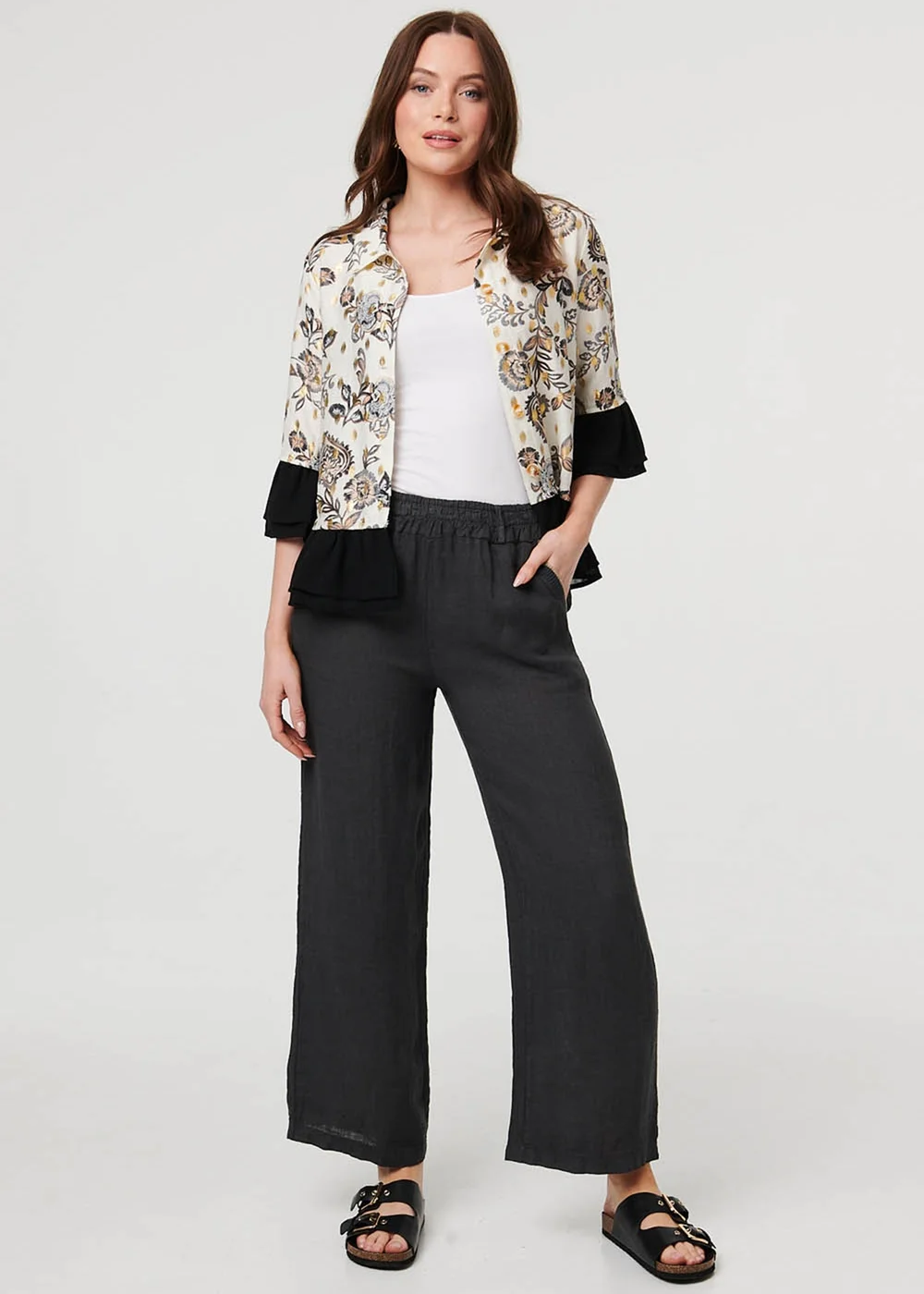 Izabel London Grey High Waist Wide Ankle Length Trousers - 8 Image 1