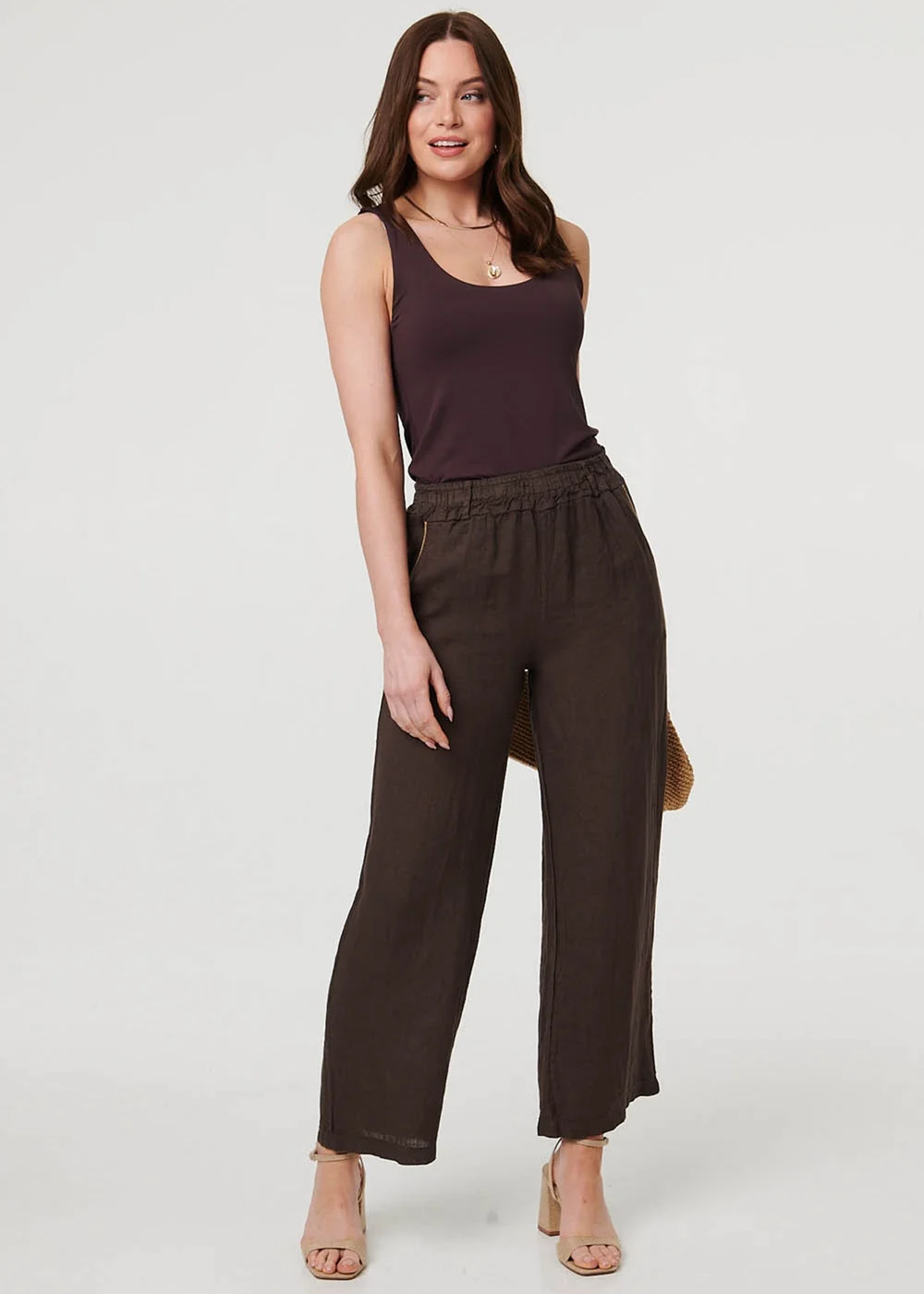 Izabel London Dark Brown High Waist Wide Ankle Length Trousers - 14 Image 1
