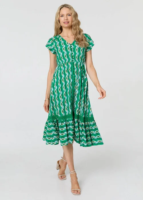 Izabel London Green Geo Print Cap Sleeve Lace Midi Dress - 18 Image 1