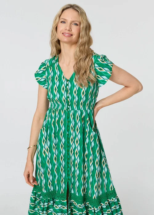 Izabel London Green Geo Print Cap Sleeve Lace Midi Dress - 18 Image 2