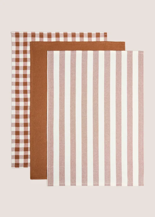 3 Pack Orange Check/Stripe Tea Towels Image 1