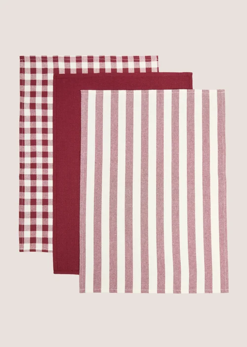 3 Pack Burgundy Patterned Tea Towels Image 1