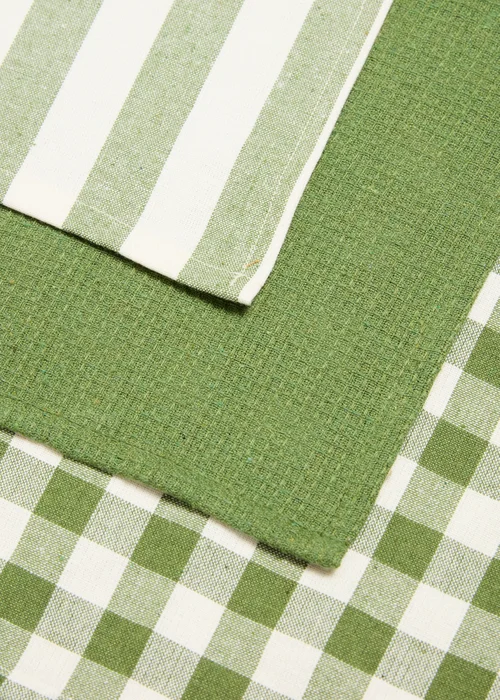 3 Pack Green Checked & Striped Tea Towels Image 2