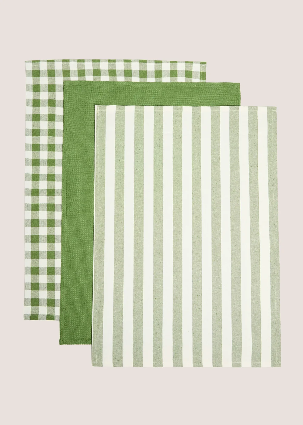 3 Pack Green Checked & Striped Tea Towels Image 1
