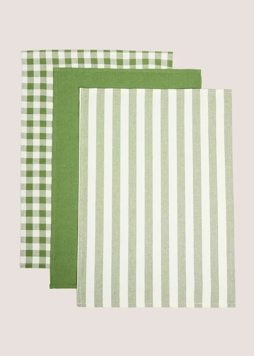 3 Pack Green Checked & Striped Tea Towels Image 1