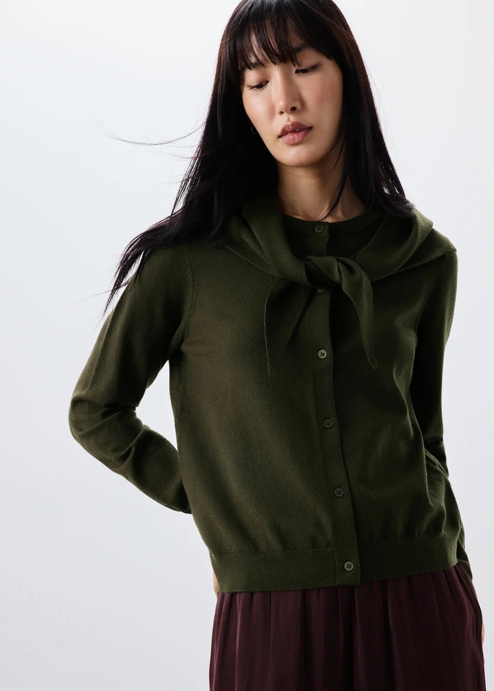Khaki Long Sleeve Cardigan With Detachable Neck Scarf - Size 8 Image 1