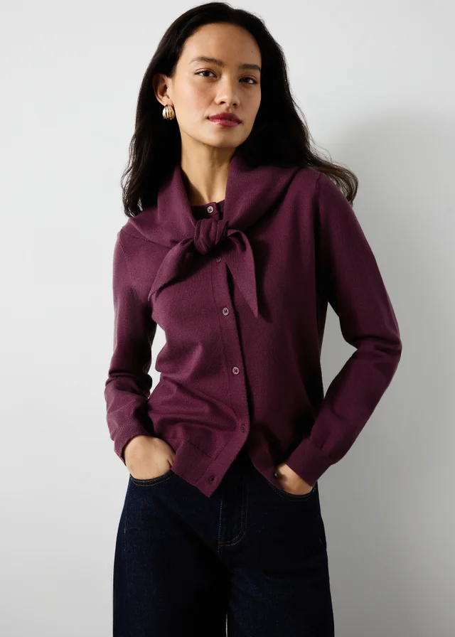 Plum Scarf Neck Detail Cardigan
