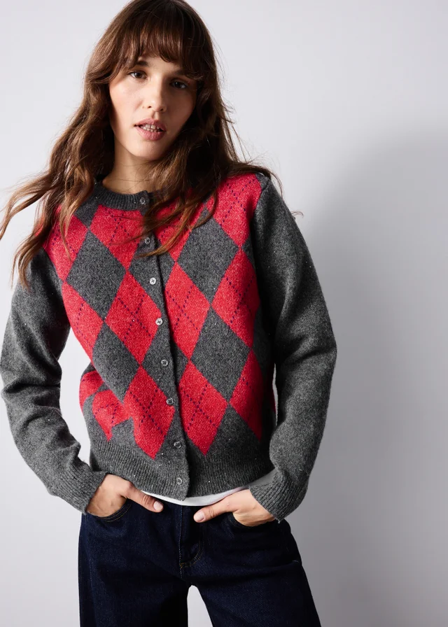 Grey & Red Sequin Argyle Cardigan