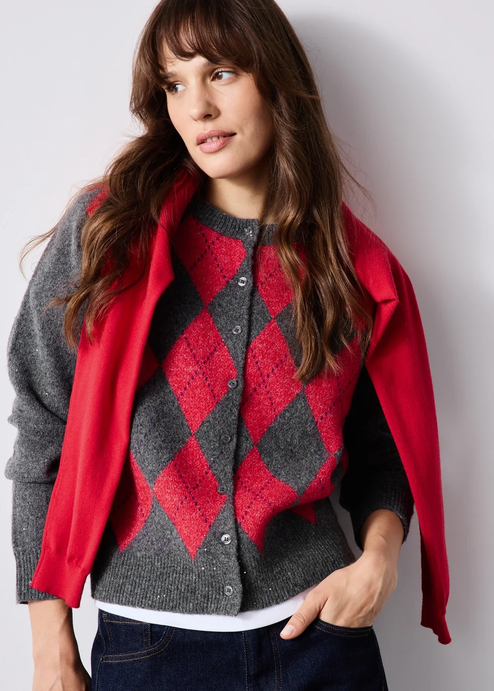 Grey & Red Sequin Argyle Cardigan - Extra small Image 2
